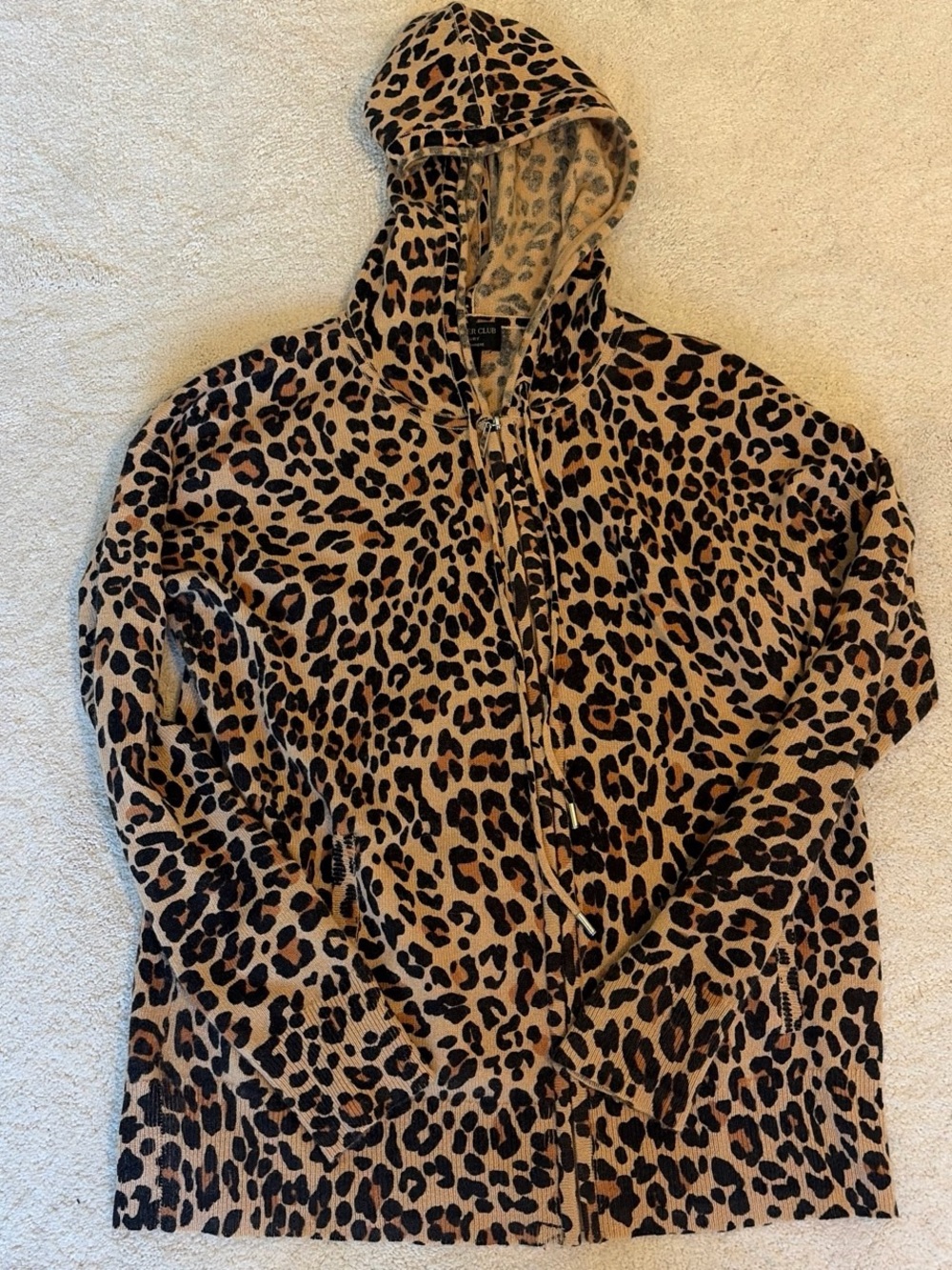 Charter Club 100% Cashmere Leopard Print Zip Hoodie - Brown/Black. Size Small